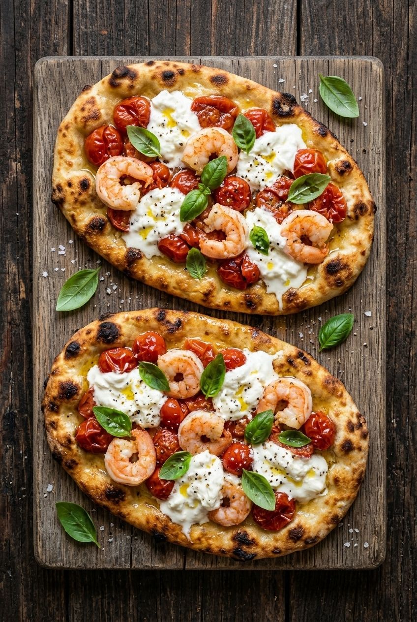 Tomato Basil Shrimp & Burrata Flatbreads