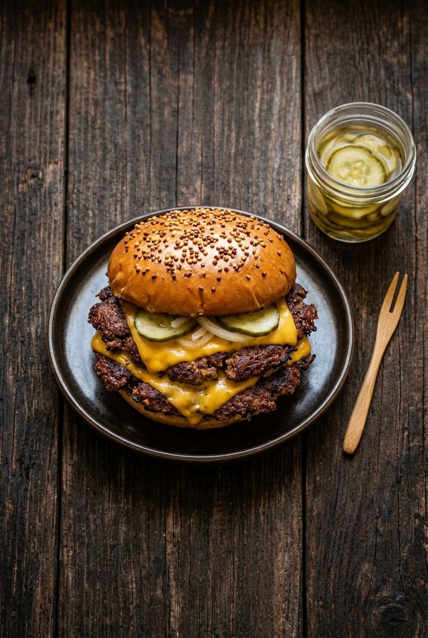 Mustard Seed Smash Burgers with Quick Pickles